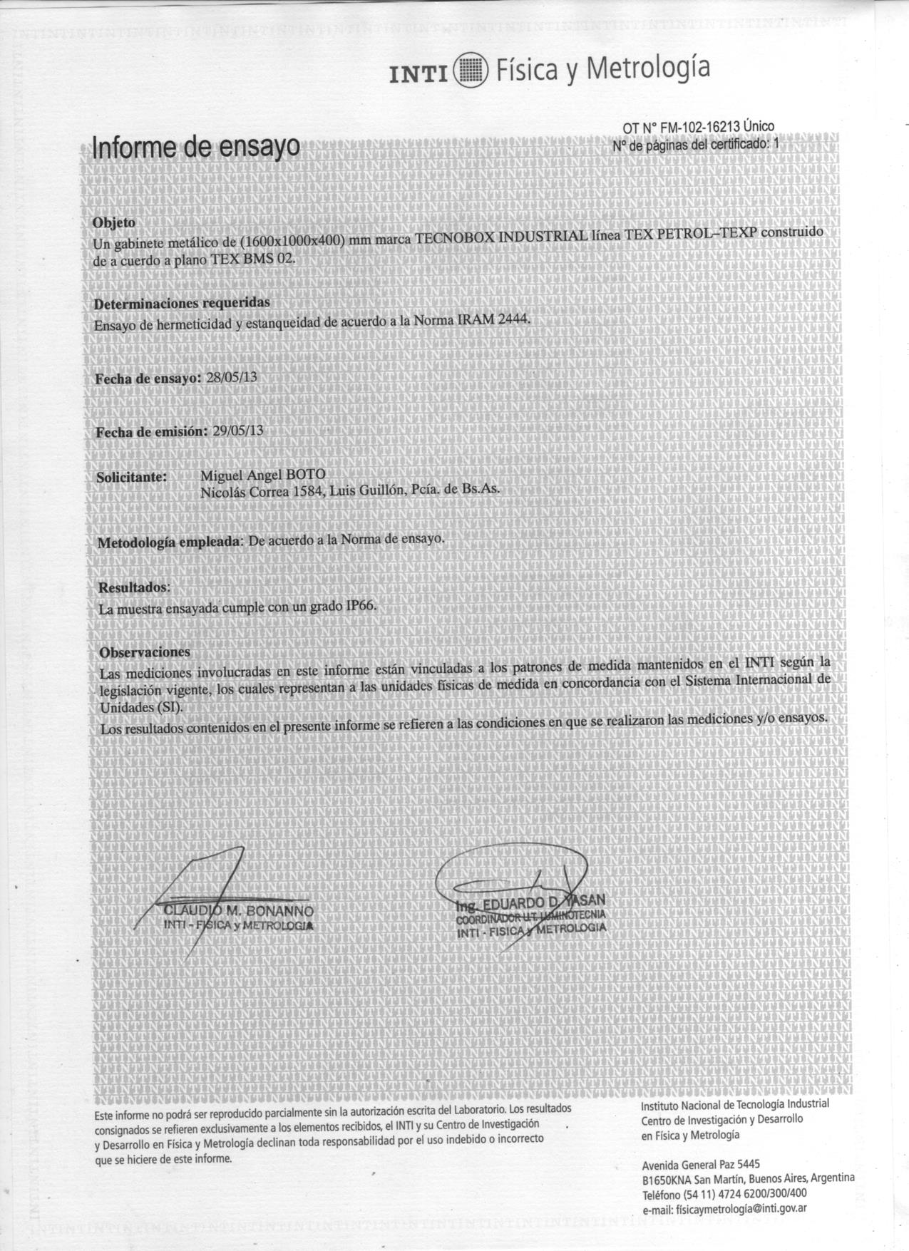 Certificado INTI - Gabinetes TBex